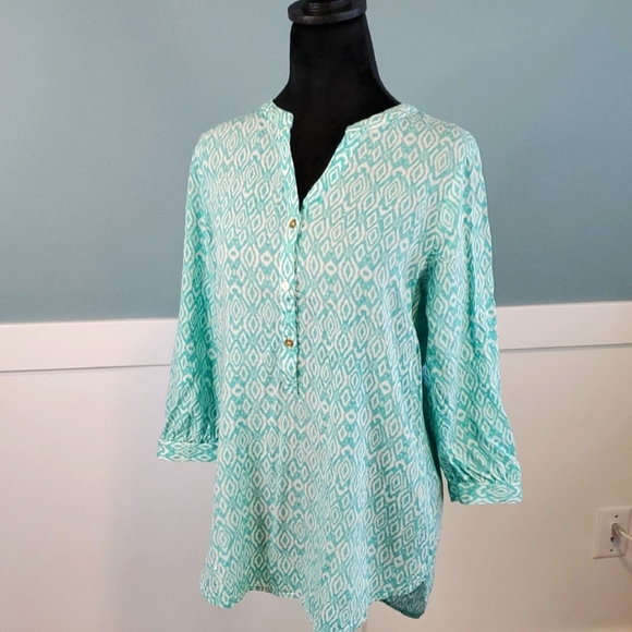 grand & greene Tops - Grand & Greene Rayon Popover Blouse Aqua White S